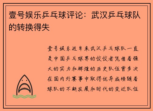 壹号娱乐乒乓球评论：武汉乒乓球队的转换得失