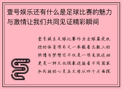 壹号娱乐还有什么是足球比赛的魅力与激情让我们共同见证精彩瞬间