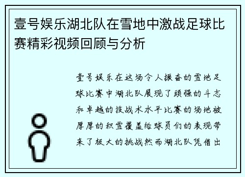 壹号娱乐湖北队在雪地中激战足球比赛精彩视频回顾与分析